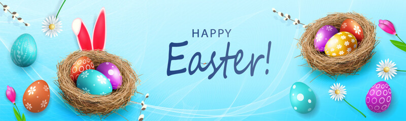 Blue composition with Easter eggs in the nest, great postcard
