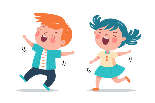 cute children dance with pleasure. a boy and a girl jump and rejoice to the music. flat vector illustration.