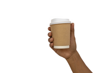 Mockup of male hand holding a coffee paper cup.(PNG)