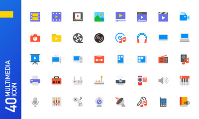 Fototapeta na wymiar Multimedia icon set. Collection of multicolored flat icons for mobile UI UX and web apps. Vector illustration.