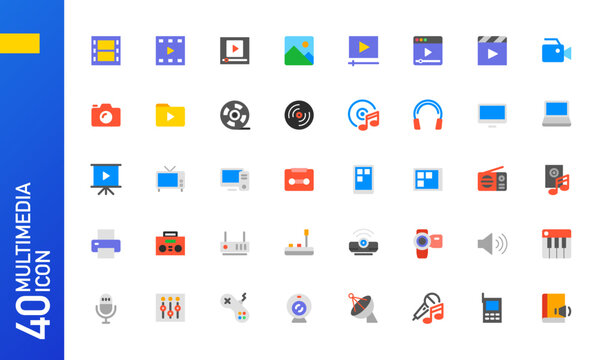 Multimedia icon set. Collection of multicolored flat icons for mobile UI UX and web apps. Vector illustration.
