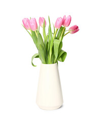 Vase with blooming tulip flowers isolated on white background