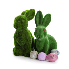Easter bunnies and painted eggs isolated on white background