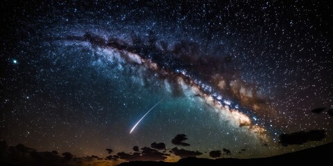 night landscape and milky way galaxy background, long exposure, Meteor Shower, Dynamic shooting, Generative AI