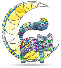 Illustrations in the style of stained glass with cat on the moon, animal isolated on a white background