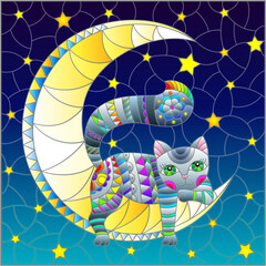 Obraz na płótnie Canvas An illustration in the style of a stained glass window with a cute cartoon cat on the moon against the background of the night starry sky