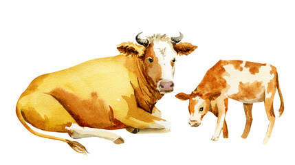 illustration of a cow with a calf, watercolor sketch of a cow and a calf, brown with white spots, farm animal © TATIANA
