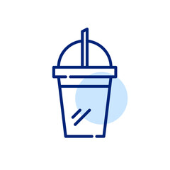 Disposable cup for cold drink with straw. Pixel perfect, editable stroke line icon