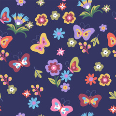 A pattern of small red, pink, purple and green butterflies and turquoise flowers on a purple background. Cute aesthetic composition for wallpaper, print, poster, postcard.