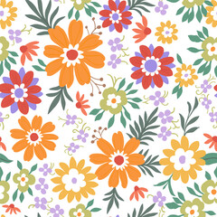 A pattern of orange red, green and purple flowers with green leaves on a white background.
