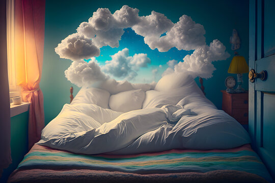 Cozy large double-steel window with clouds above the head of the bed linen and filler like clouds are shrouded in a bedroom. The concept of sweet sound sleep at home. Generative AI