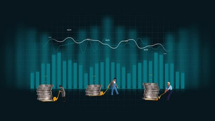 Miniature men moving coins in carts. Business concept with pile of coins and graphs and miniature people. 
