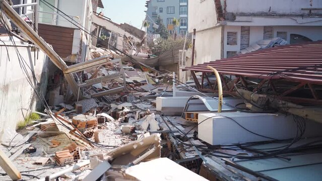 Building destroyed after earthquake.
Buildings destroyed by the earthquake. Epicenter. Breaking of the fault line.
The devastating effect of the 7.7 magnitude earthquake.  Turkey Earthquake &ndash; Hatay - 