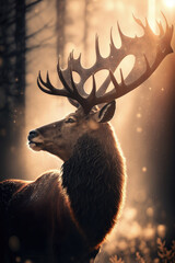 Majestic deer with large antlers, forest background at sunset