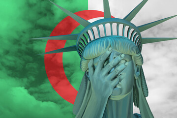 Statue of Liberty. Facepalm emoji on background in colors of Algeria flag