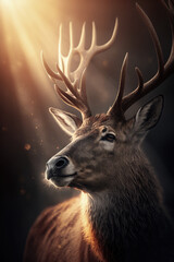 Majestic deer with antlers, forest background at sunset