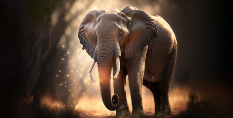 Naklejka na ściany i meble Elephant standing on a sunny blurry background panormaic, wildlife