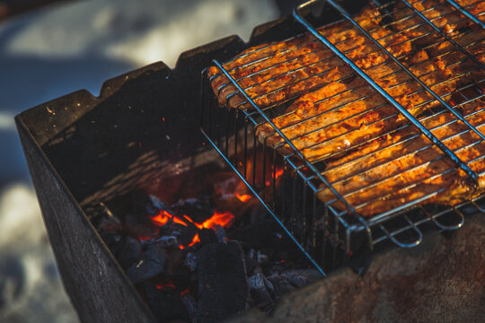 Meat on the grill, on a winter sunny day in nature