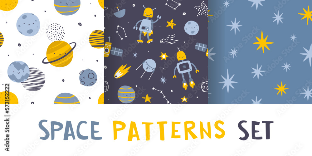 Wall mural cute space pattern set with robots and planets for kids. seamless cosmic vector print collection for