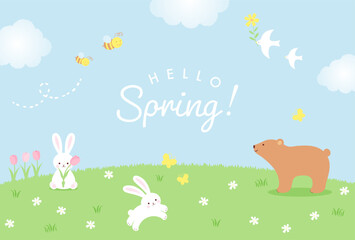 Fototapeta spring vector background with animals, insects and flowers on a green field for banners, cards, flyers, social media wallpapers, etc. obraz