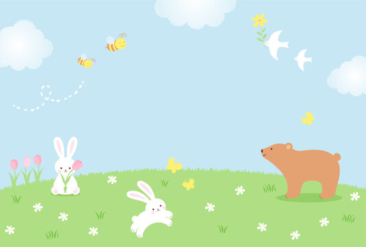 spring vector background with animals, insects and flowers on a green field for banners, cards, flyers, social media wallpapers, etc.