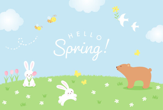 spring vector background with animals, insects and flowers on a green field for banners, cards, flyers, social media wallpapers, etc.