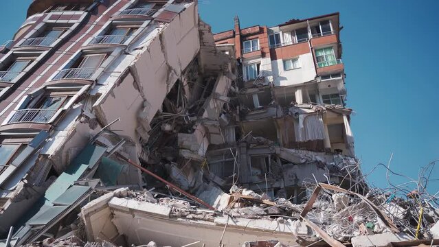 The building that was lying on its side after the earthquake.
7.7 magnitude earthquake shaking.
Too many casualties. People leaving their home. Turkey Earthquake &ndash; Hatay - 6 February 2023.
