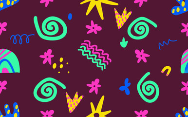 Trendy vector pattern with hand drawn dots, shapes, lines, scribbles and objects.