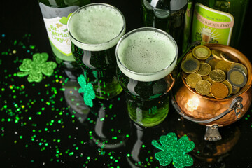 Glasses of beer, pot with coins and paper clover on dark background, closeup. St. Patrick's Day celebration