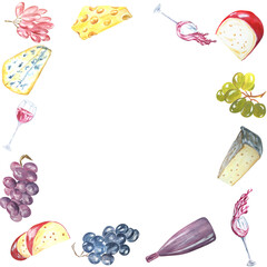 Watercolor composition of cheese, wine, grapes and figs. Raster Can be used on postcards, product advertisements, napkins.