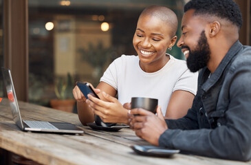 Cafe, social media and dating with a black couple laughing together at a table in a restaurant. Humor, love or date with a man and woman looking at a meme on a phone while bonding in a coffee shop - obrazy, fototapety, plakaty