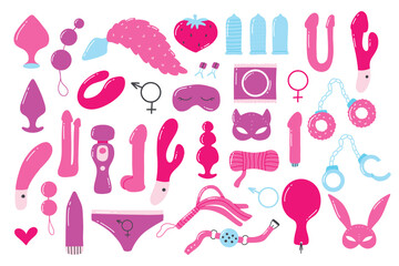Set of sex toys. Collection of toys for adults. Vector illustration. Flat style. Sex shop set. Erotic elements set. BDSM toys.