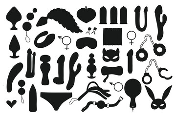 Fototapeta Set of sex toys. Collection of toys for adults. Vector illustration. Silhouette style. Sex shop set. Set of erotic elements. BDSM toys. obraz