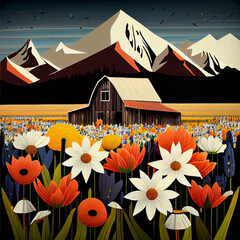 Barn and mountains in a field of flowers illustration
