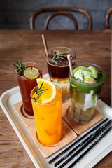 Lemon tea, Orange juice, Coconut matcha, Milk coffee