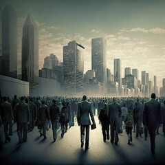 Generative AI, Silhouette of crowd of different people and businessmen walking towards the city skyline with skyscrapers and CBD, 