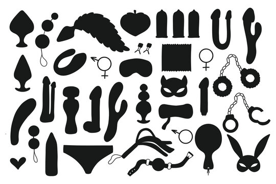 Set of sex toys. Collection of toys for adults. Vector illustration. Silhouette style. Sex shop set. Set of erotic elements. BDSM toys.
