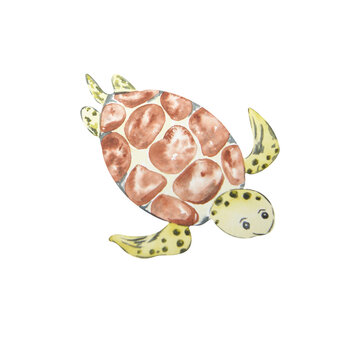 Watercolor work of sea turtles on a white background. Handmade. You can use on T -shirts, stickers, labels, cards, napkins, various compositions of marine theme.