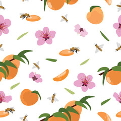 Seamless pattern of peaches and flowers. Vector illustration on a white background