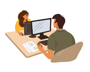 Fototapeta na wymiar A man and woman works at a computer with documents. Vector illustration