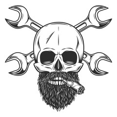 Skull witn mustache with beard smoking cigar or cigarette and construction plumbing wrench or repair car and truck mechanic service tool crossed spanner vintage illustration