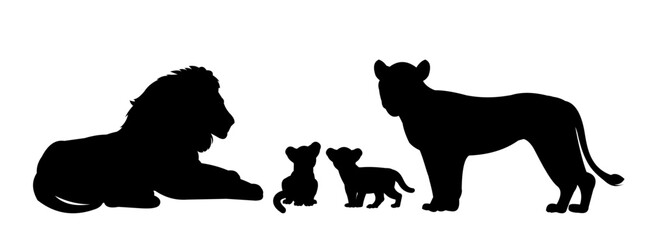 Family of lions lie resting. African savanna predator. Silhouette picture. Dangerous animal in natural conditions. Isolated on white background. Vector.