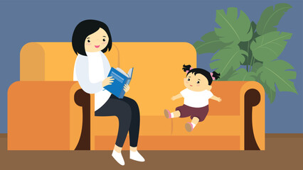Mother reading a book to her daughter sitting on a sofa at home. Illustration, vector