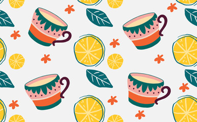 Hand drawn yellow lemons, cups of tea and mint leaves. Vector seamless repeating pattern with. Texture for fabric, wallpaper, textile, apparel, cover, cards, invitation, wrapper, print, textile