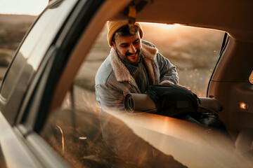 Naklejka premium Young traveler and hiker getting ready for climbing. Man zipping the bag