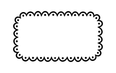 Doodle rectangle scalloped frame. Hand drawn scalloped edge rectangle shape. Simple square label form. Flower silhouette lace frame. Vector illustration isolated on white background.