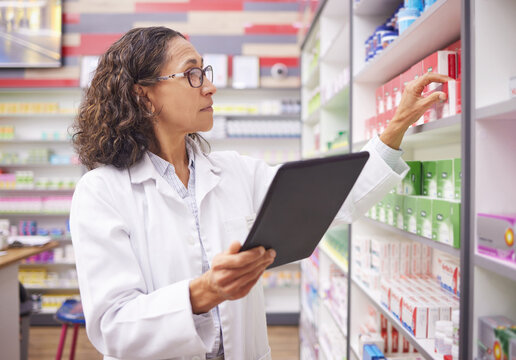 Pharmacy Medicine, Tablet And Pharmacist Woman For Product Management, Stock Research And Inventory. Digital Technology, Retail Logistics And Expert, Healthcare Doctor Or Person On Ecommerce Software