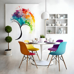 Bright and cozy modern dining room interior with multicolor furniture and decoration room on empty white or white wall background, Ai generated

