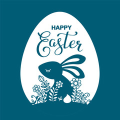 Vector silhouette illustration with bunny and flowers. Beautiful card, background with text message Happy easter