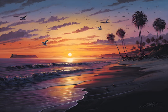 Beautifull sunset on beach with palms, created with Generative AI Technology